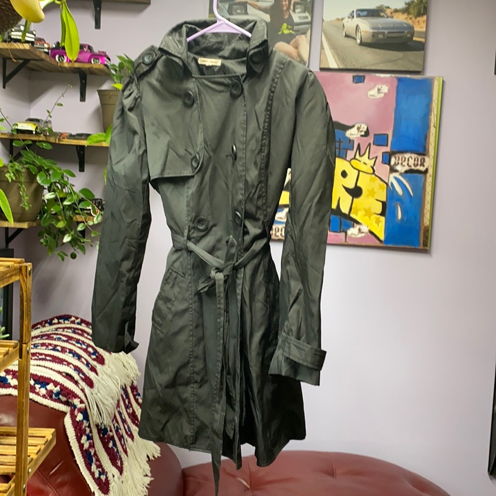 Black button up fashion trench coat jacket size L